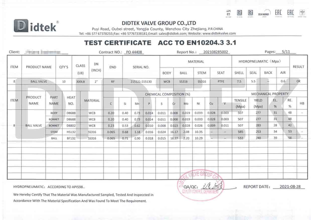 Сертификат испытаний на шаровой клапан ACC до EN10204.3 3