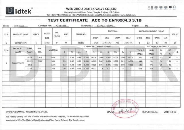Сертификат испытаний клапана Globe Acc ACC до EN10204.3 3